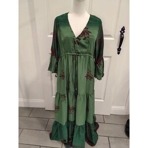 MT Collection Green Silk Blend Floral Tiered Maxi Dress Boho Tassel One Size